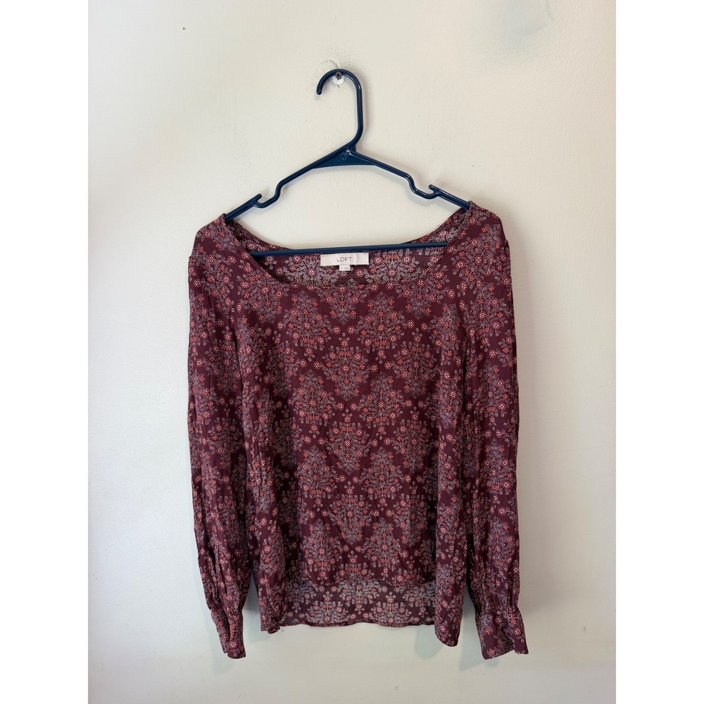 Loft Burgundy Floral Medallion Square Neck Rayon Blouse Small